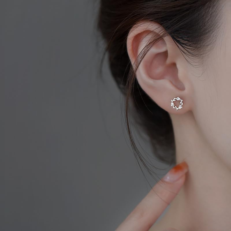 925 Sterling Silver Flower Zircon Earrings Ear Studs, 1 Pair