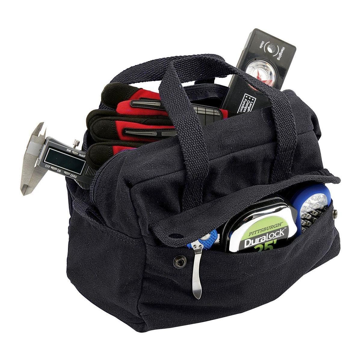 Tool Bag with 3 Pockets, Black, Heavy-Duty Construction, 11 Inch Storage Organizer for Tools, Professional Utility Carrier