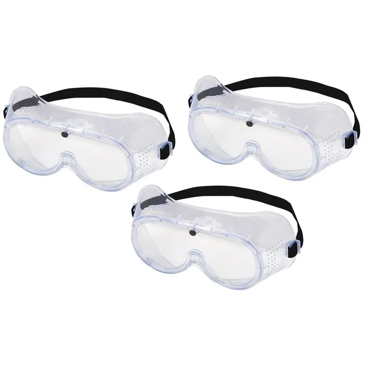 Western Safety Clear Protective Safety Goggles with Adjustable Elastic Band, Ventilated Design, 3 Pack