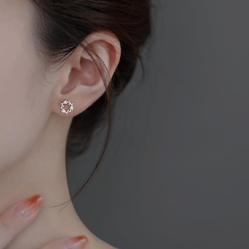 925 Sterling Silver Flower Zircon Earrings Ear Studs, 1 Pair