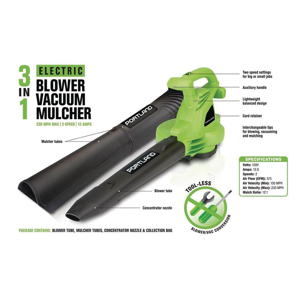 Electric Leaf Blower Vacuum Mulcher, 12 Amp, 3-in-1 Yard Tool, Lime Green